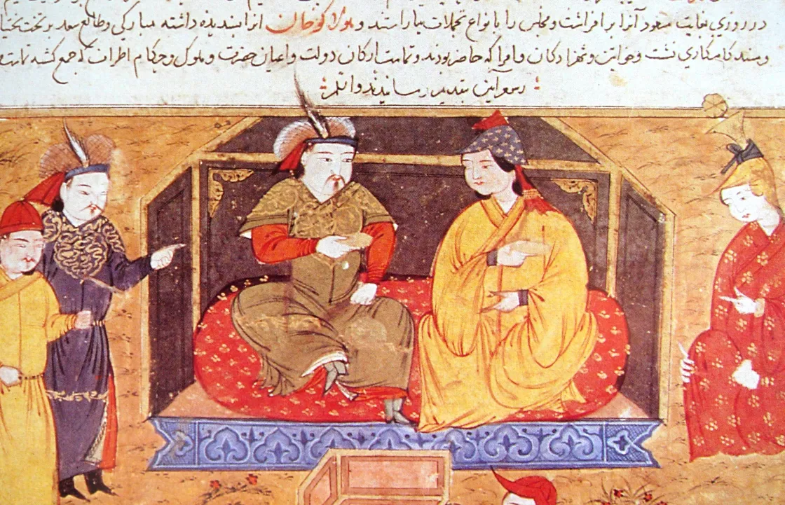 Later manuscript illustration showing Hülegü seated beside Dokuz Khatun with attendants